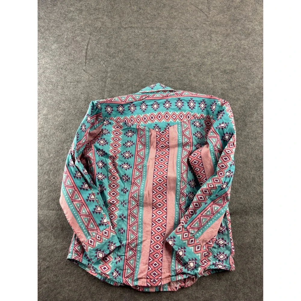 May Lillie Girls M Western Pearl Snap Shirt Pink Turquoise Southwestern Cotton